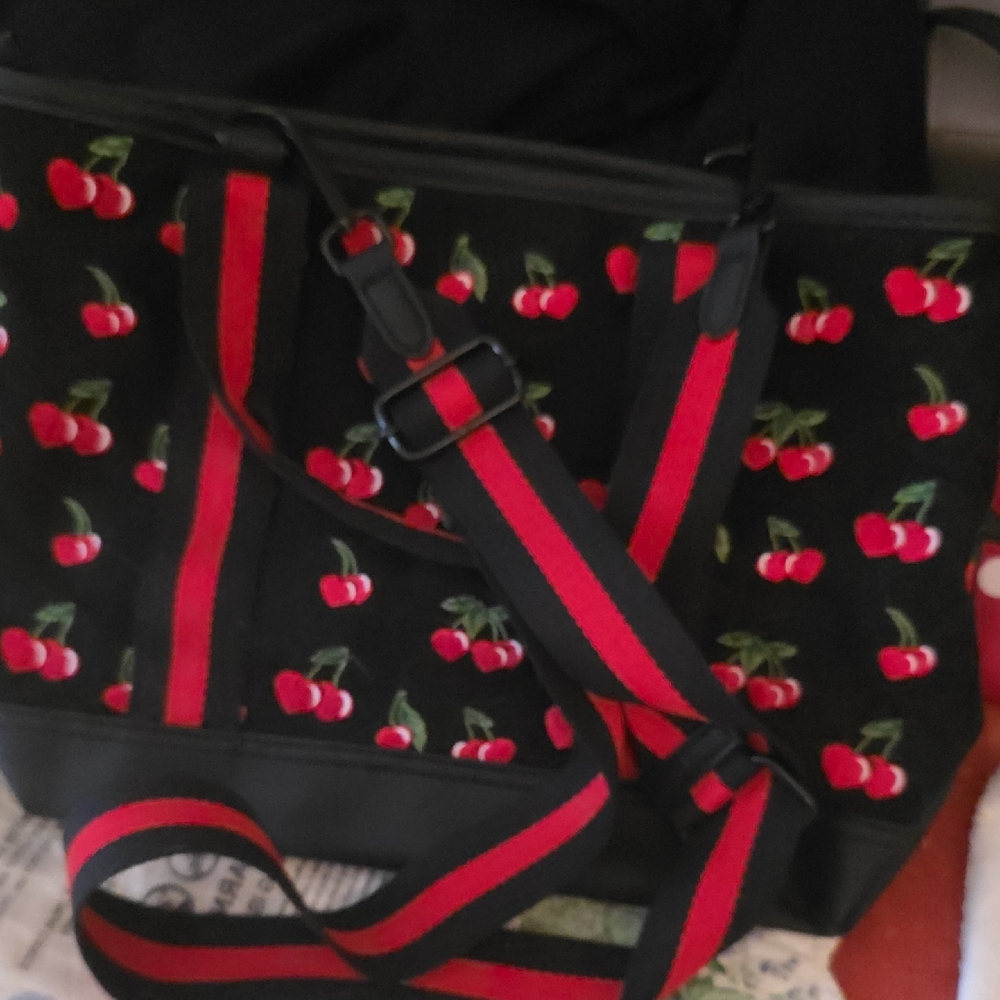 Betsy Johnson Black and Red Cherries Women's Bag. Cross Body Or Satchel.roomy - Picture 4 of 6